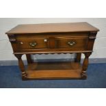 A SOLID OAK MELLOWCRAFT SIDE TABLE with two frieze drawers, turned and block front supports united