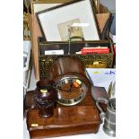 A BOX AND LOOSE PICTURES, CLOCK, METALWARE AND SUNDRY ITEMS to include a 20th Century mantel