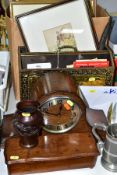 A BOX AND LOOSE PICTURES, CLOCK, METALWARE AND SUNDRY ITEMS to include a 20th Century mantel