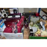 THREE BOXES AND LOOSE HOUSEHOLD SUNDRIES AND ELECTRICAL APPLICANCES, including racks of CDs, digital