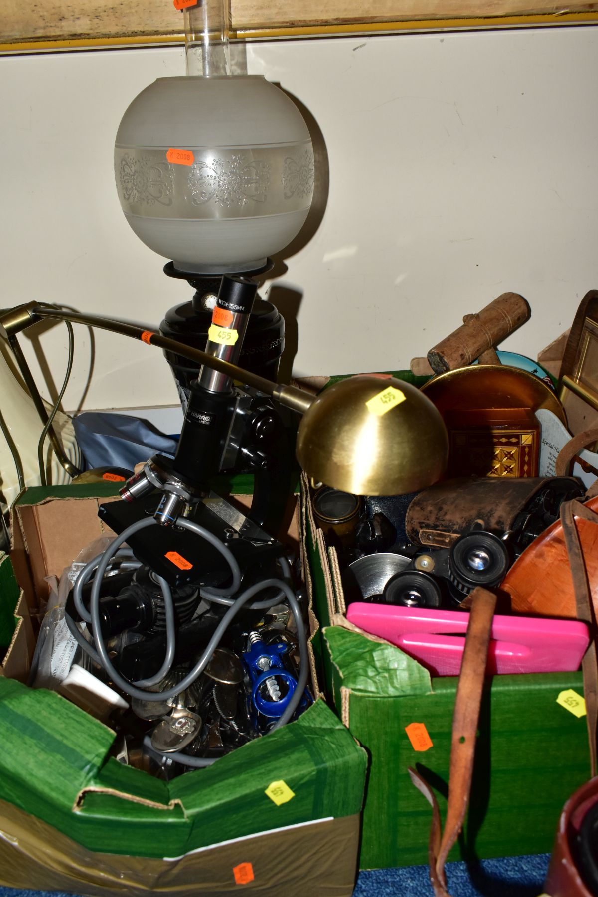 THREE BOXES AND LOOSE METALWARES, LAMPS, PAINTING, MICROSCOPE AND SUNDRY ITEMS, to include - Image 10 of 14