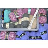 A BOX OF VARIOUS WOOLS AND YARNS, to include First Avenue Jumbo DK shade 529 (two balls), Happy Days