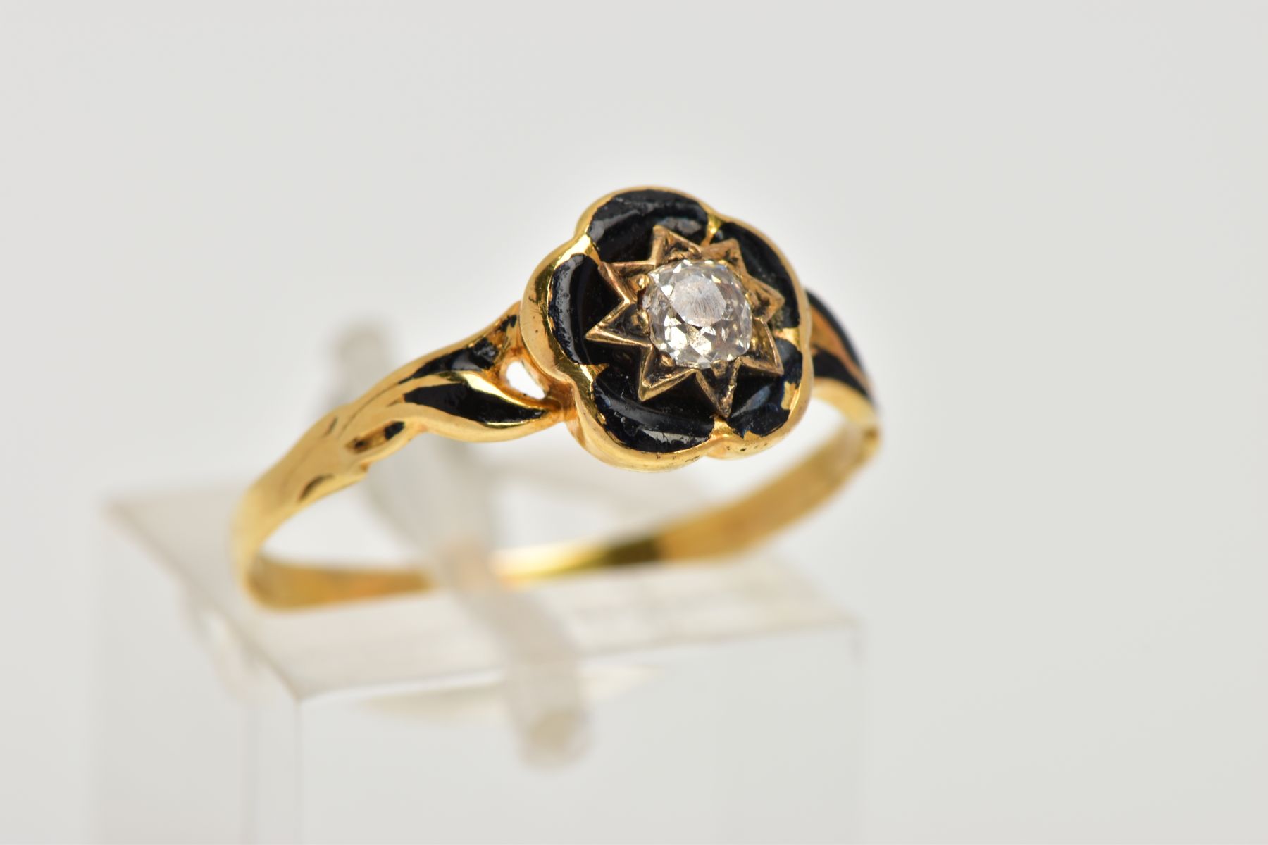 A VICTORIAN, DIAMOND AND BLACK ENAMEL MEMORIAL RING, centring on a star set, old cut diamond - Image 4 of 7