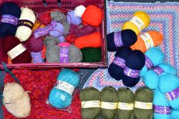 A BOX OF VARIOUS WOOLS, YARNS,ETC, to include Eurospun Block Buster Chunky shade 598 (one ball), 563