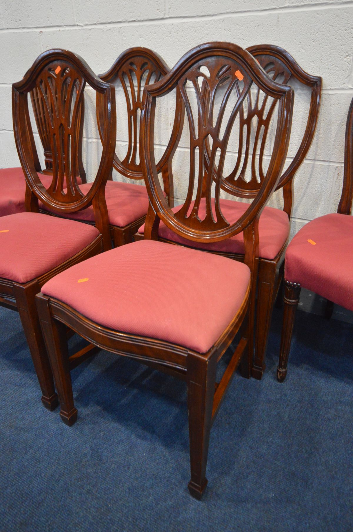 A SET OF FOUR MAHOGANY SHIELD SPLAT BACK CHAIRS, two other chairs, all with matching upholstery, - Image 3 of 4