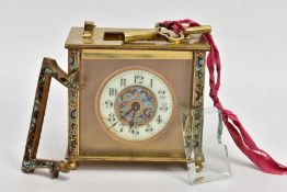 A BRASS AND ENAMELLED CARRIAGE CLOCK, of a square form, round white dial with the centre decorated