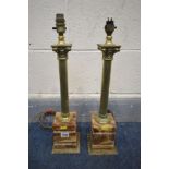 A PAIR OF BRASS AND MARBLE TABLE LAMPS (no plugs and shades)