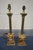 A PAIR OF BRASS AND MARBLE TABLE LAMPS (no plugs and shades)