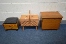 A BEECH CANTILEVER SEWING BOX, along with two other sewing boxes, all with contents (3)