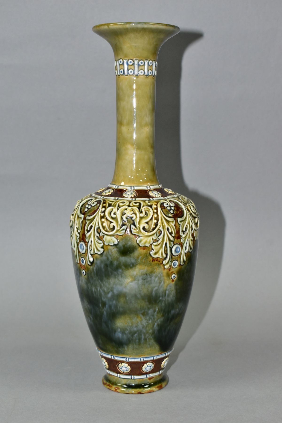 A ROYAL DOULTON STONEWARE BALUSTER VASE, mottled blue/green glaze with relief decorated foliate - Image 2 of 5