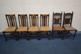 A PAIR OF CARVED OAK HALL CHAIRS, along with a set of four oak dining chair (6)