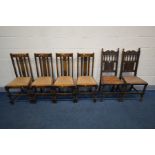 A PAIR OF CARVED OAK HALL CHAIRS, along with a set of four oak dining chair (6)