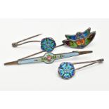 FOUR ARTS AND CRAFTS BROOCHES, to include two 'Pearce & Son' silver brooches, each with a blue and