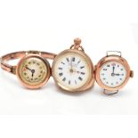 THREE EARLY 20TH CENTURY WATCHES, to include a 9ct gold watch head with black Arabic numerals, a 9ct