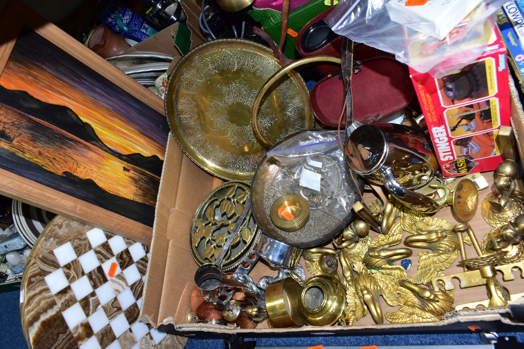 THREE BOXES AND LOOSE METALWARES, LAMPS, PAINTING, MICROSCOPE AND SUNDRY ITEMS, to include - Image 8 of 14