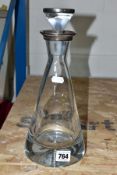 A KROSNO CONICAL GLASS DECANTER AND STOPPER WITH SILVER MOUNTS, the mounts hallmarked for makers