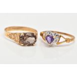 TWO 9CT GOLD GEM SET DRESS RINGS, the first designed with a four claw set, oval cut Smokey quartz