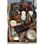 A BOX OF VINTAGE TREEN, METALWARES, BAKELITE ITEMS, ETC, to include a Smiths Sectric electric mantel