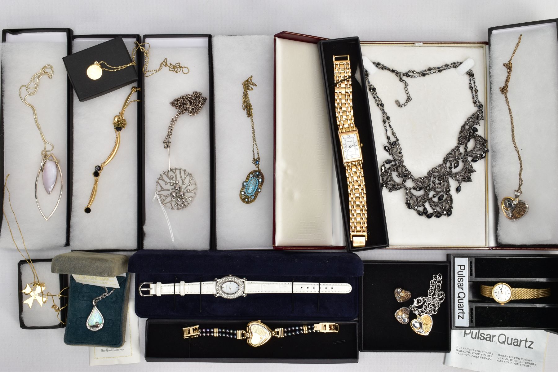 A BOX OF COSTUME JEWELLERY AND LADIES WRISTWATCHES, to include an openwork pendant, hallmarked