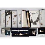 A BOX OF COSTUME JEWELLERY AND LADIES WRISTWATCHES, to include an openwork pendant, hallmarked