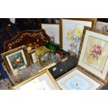 A BOX OF GLASSWARE, PAINTINGS AND PRINTS, LUGGAGE, etc, to include a Kundo anniversary clock, a twin