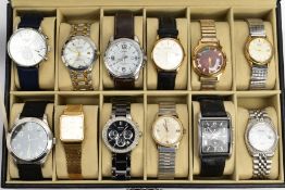 A HINGED LEATHER WATCH CASE CONTAINING TWELVE GENTLEMEN'S WRISTWATCHES, to include Accurist,