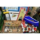 A BOX OF ARTISTS MATERIALS, CHRISTMAS DECORATIONS, etc, including two vintage glass baubles,