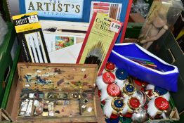 A BOX OF ARTISTS MATERIALS, CHRISTMAS DECORATIONS, etc, including two vintage glass baubles,