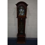 A MAHOGANY LONGCASE CLOCK, with a brassed and silvered dial, moonphase movement to arch, Arabic