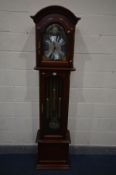 A MAHOGANY LONGCASE CLOCK, with a brassed and silvered dial, moonphase movement to arch, Arabic