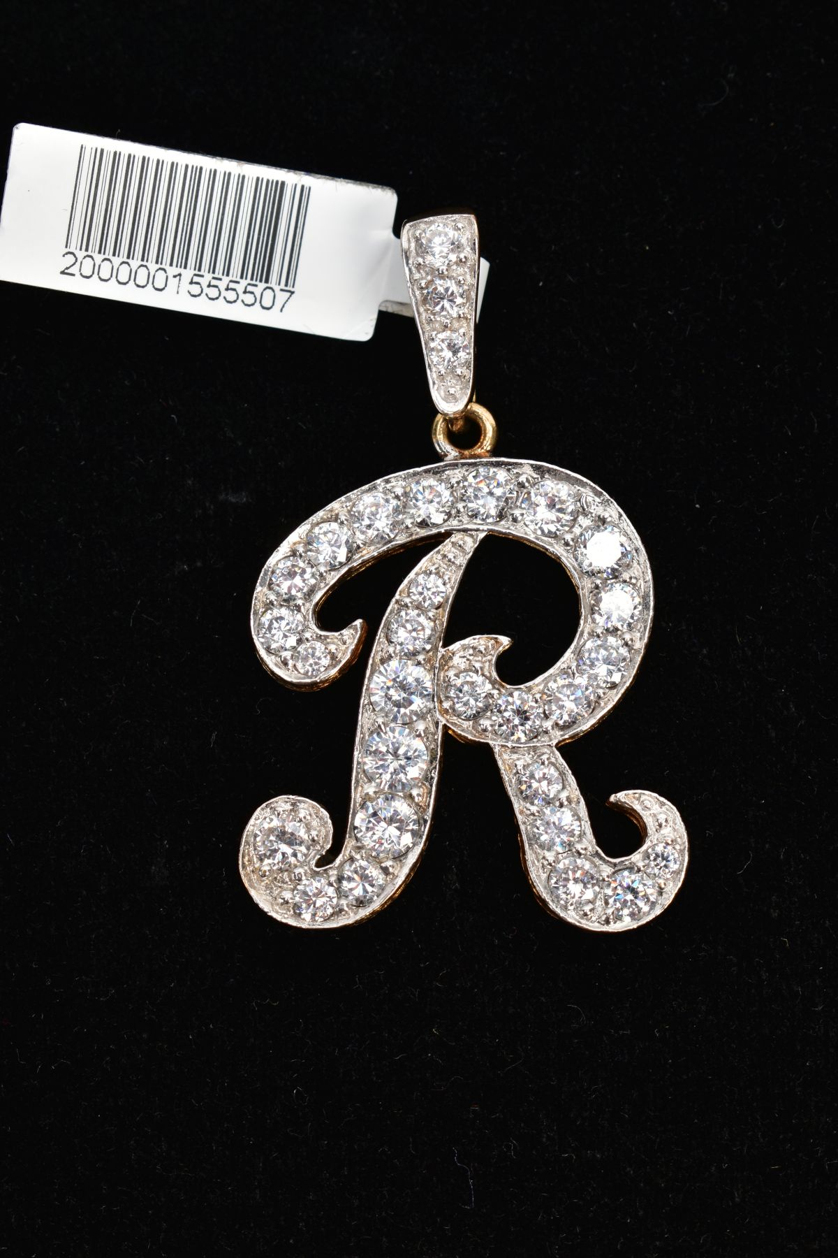 A 9CT GOLD CUBIC ZIRCONIA SET INITIAL 'R' PENDANT, large initial 'R' set with colourless cubic - Image 2 of 3