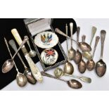 A SELECTION OF SILVER AND WHITE METAL TEASPOONS WITH TWO CERAMIC EMBLEMS, to include a set of five