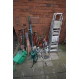 THREE ALUMINIUM STEP LADDERS together with a ladder stand-off, quantity of garden tools to include