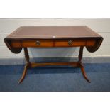 A BERESFORD & HICKS MAHOGANY SOFA TABLE, with oxblood tooled leather inlay, and two frieze