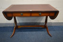 A BERESFORD & HICKS MAHOGANY SOFA TABLE, with oxblood tooled leather inlay, and two frieze