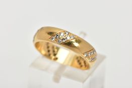 AN 18CT GOLD, DIAMOND WEDDING BAND, designed with five asymmetrical sections, each set with six