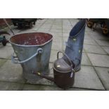 A LARGE GALVANISED BUCKET, coal scuttle and 1 1/2 gallon watering can (3)
