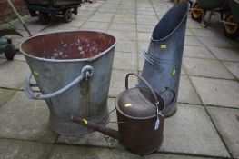 A LARGE GALVANISED BUCKET, coal scuttle and 1 1/2 gallon watering can (3)