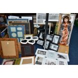 A BOX AND LOOSE MODERN MIRRORS, PICTURE FRAMES AND A COLLECTORS DOLL, including 'Rosalie'