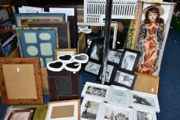 A BOX AND LOOSE MODERN MIRRORS, PICTURE FRAMES AND A COLLECTORS DOLL, including 'Rosalie'