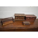 A TABLE TOP CHEST OF EIGHT MINIATURE DRAWERS, along with a stained wood bread bin, a hardwood