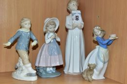 THREE NAO FIGURES OF CHILDREN AND ANOTHER SPANISH PORCELAIN FIGURE, comprising boy in a nightdress