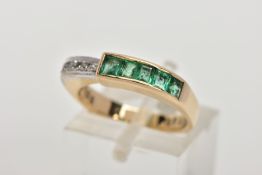 A YELLOW METAL EMERALD AND DIAMOND RING, half eternity style ring, with one half set with five