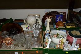 FOUR BOXES AND LOOSE CERAMICS, GLASS, METALWARES, BOOKS AND SUNDRY ITEMS, to include ceramic mid