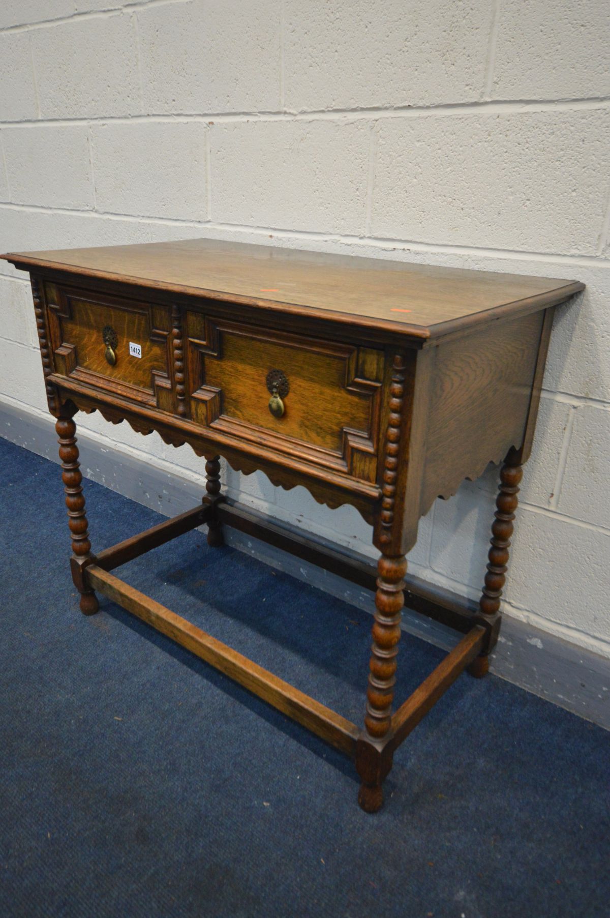 AN OAK SIDE TABLE, two drawers with geometric detail, on bobbin turned legs united by a box - Image 3 of 3