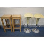 A PAIR OF BEECH BAR STOOLS, and two cream bar stools (4)