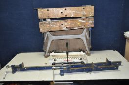 AN AXMINSTER TOOLS DOVETAILING JIG (missing screw), two sash cramps and a vintage workmate