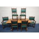 AN OLD CHARM OAK REFECTORY TABLE, length 185cm x depth 92cm x height 78cm and six chairs with