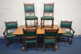 AN OLD CHARM OAK REFECTORY TABLE, length 185cm x depth 92cm x height 78cm and six chairs with