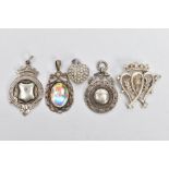 FIVE PIECES OF JEWELLERY, to include a silver fob of a circular form, vacant cartouche, fitted